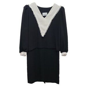 Vtg 80s Camille Women's Long Sleeve Blouson Dress Gothic Academia Black/White 5